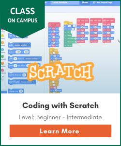 Coding with Scratch on campus class for beginner through intermediate